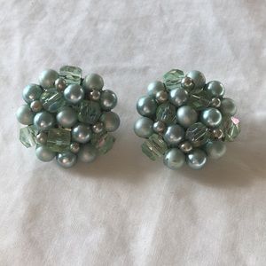 Vintage Blue Beaded Clip on Earrings
